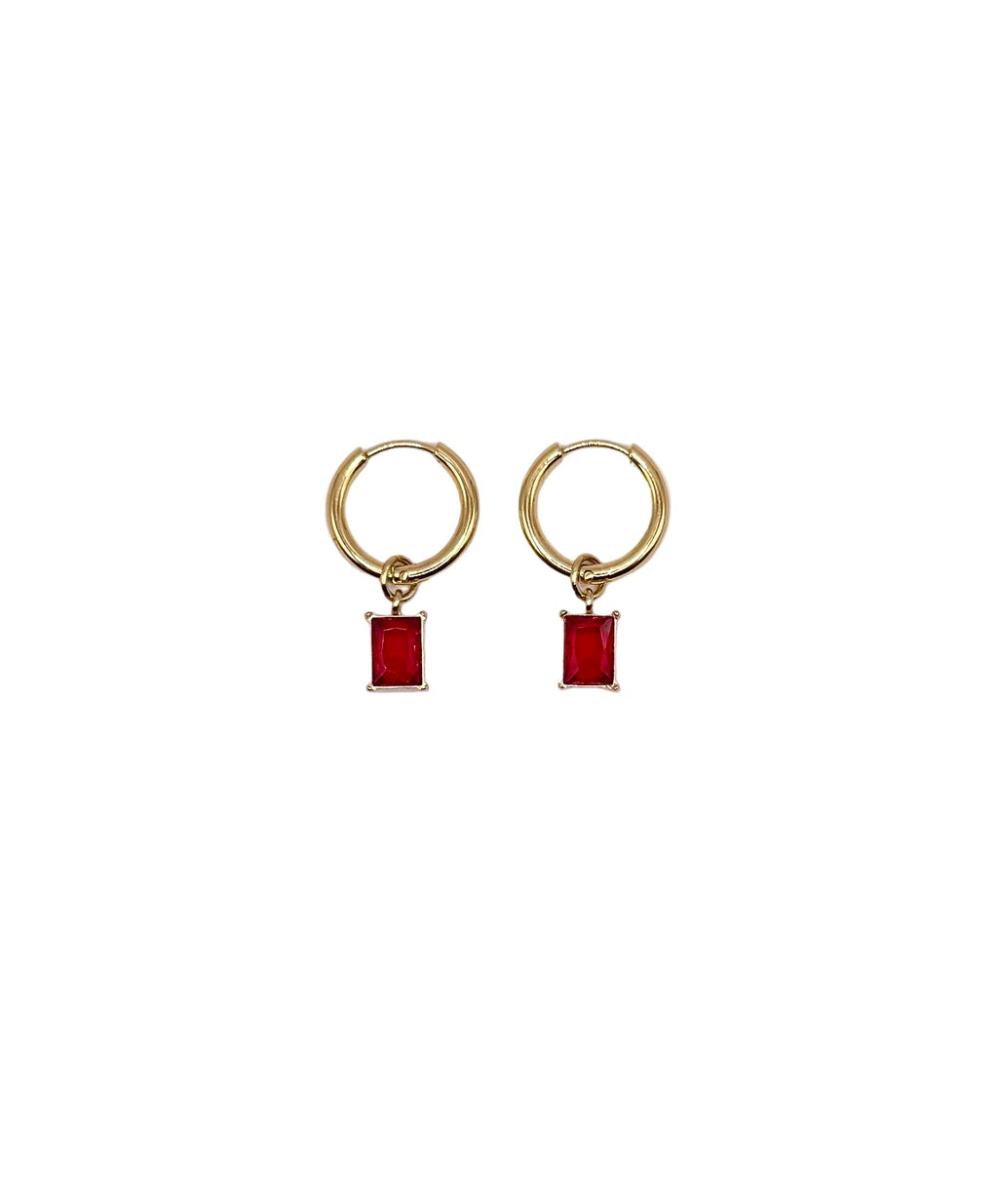 Gold hoop earrings with red rectangular charms on a white background